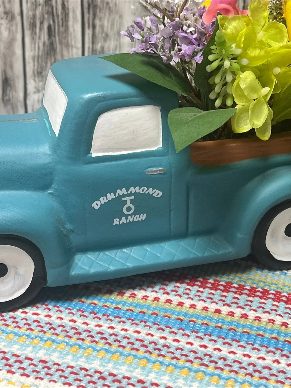 The Pioneer Woman Teal Vintage Truck Planter with Bright Faux Florals
